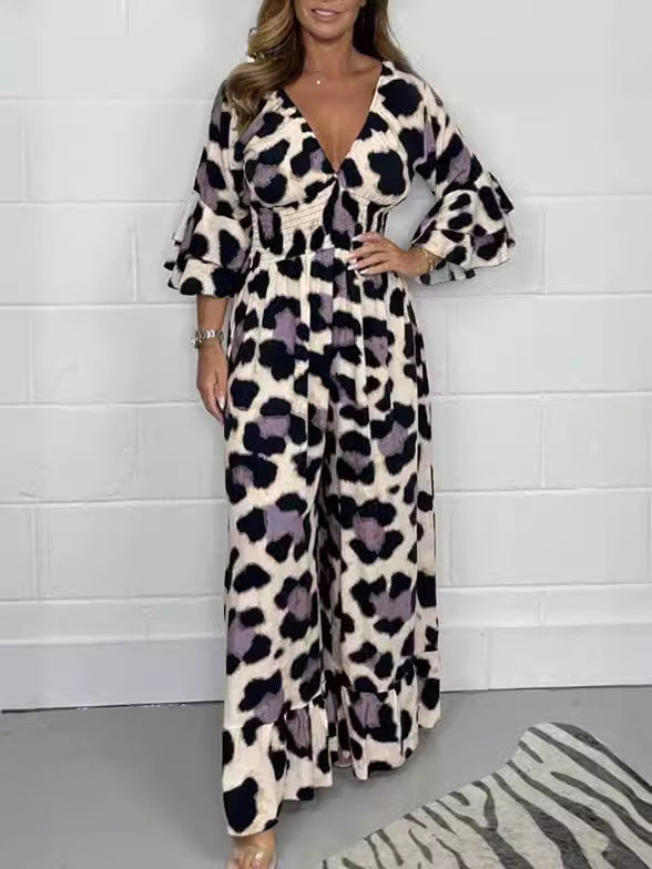 Women's Fashion Leopard Print Printed Casual Elastic Jumpsuits