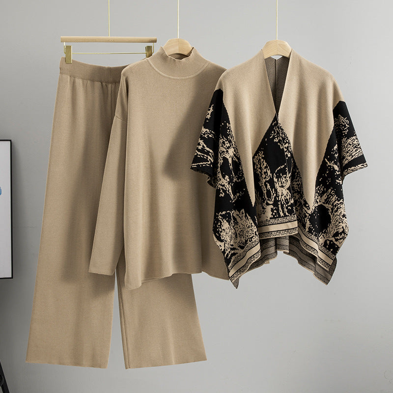 Women's Knit Loose Mock Neck Shawl Three-piece Fashion Casual Suit