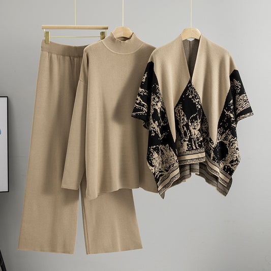 Women's Knit Loose Mock Neck Shawl Three-piece Fashion Casual Suit