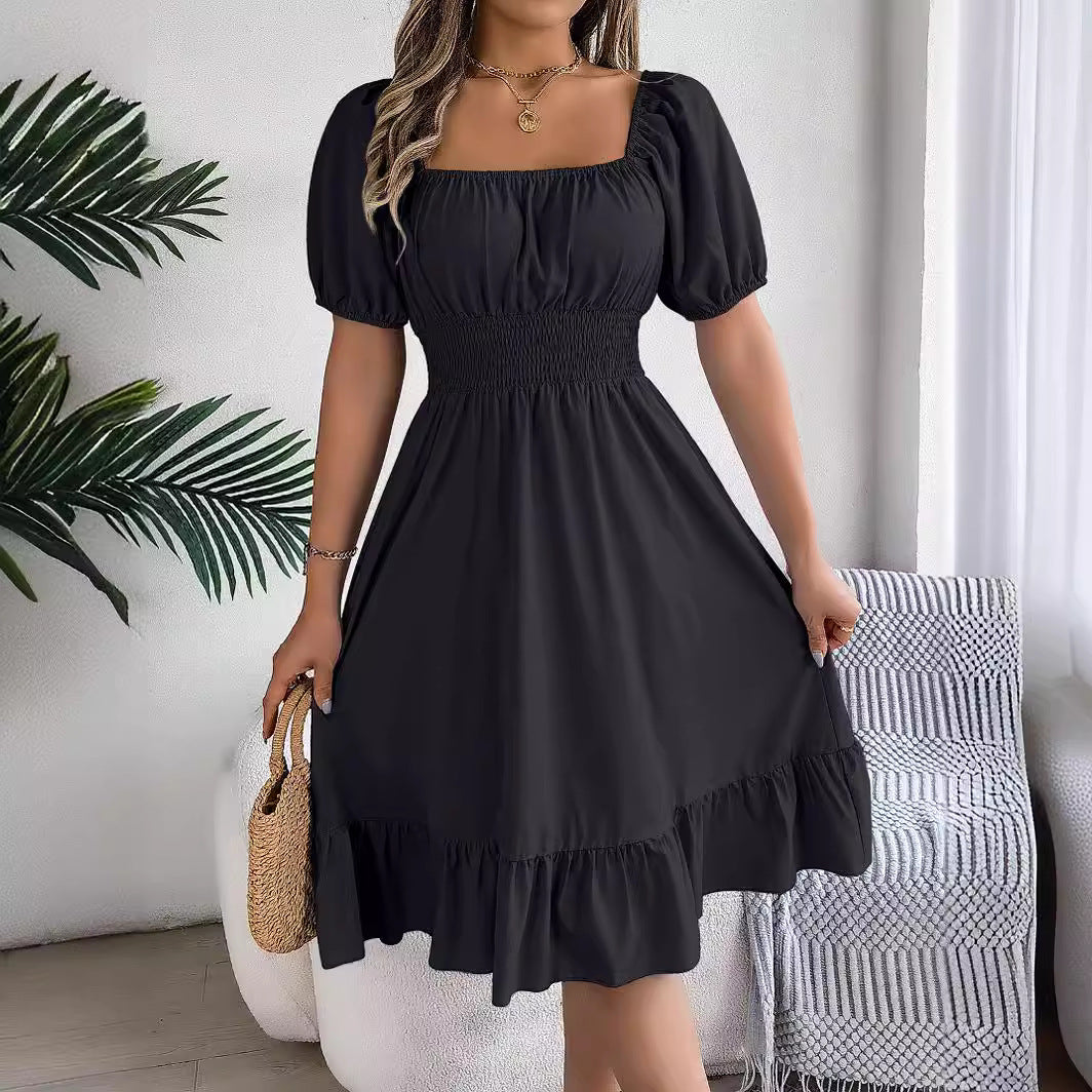 Women's Casual Square Collar Sleeve Waist Trimming Ruffles A- Dress
