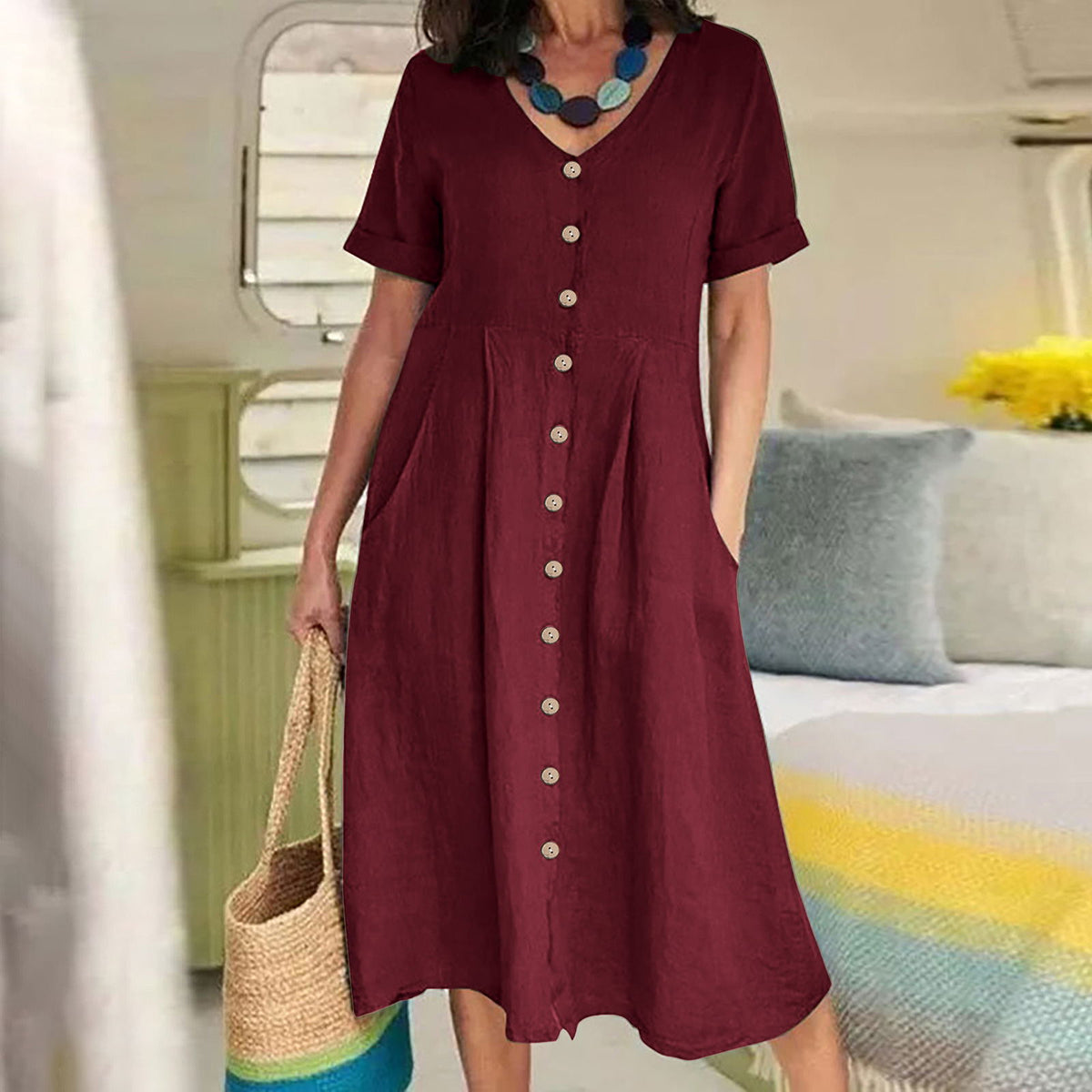 Solid Color Loose High Waist Cotton Dress