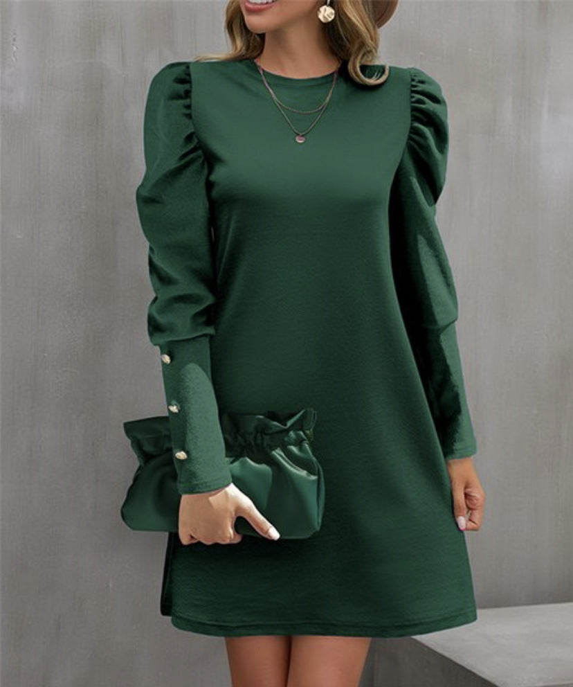 Women's Solid Color Round Neck Bubble Long Dress