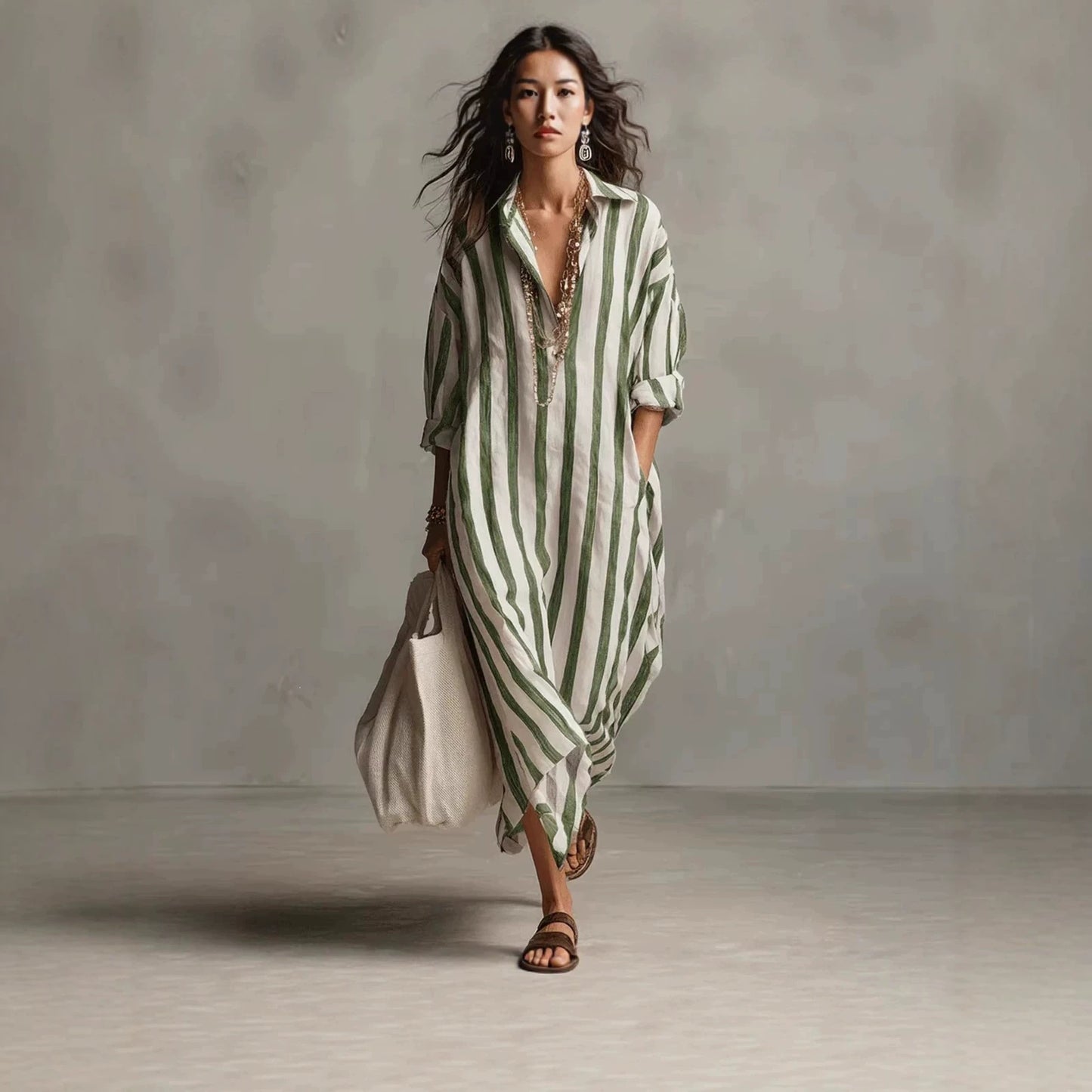 Striped Shirt Long Loose Pockets Idle Style Lapel Dress