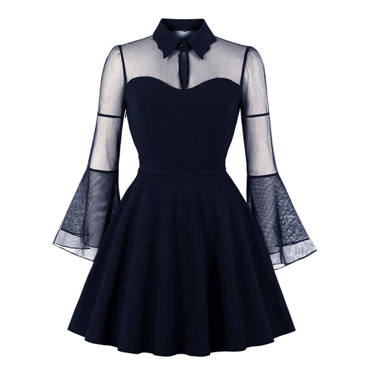 Women's Gothic Style Dark Black Queen Mesh Long Dresses