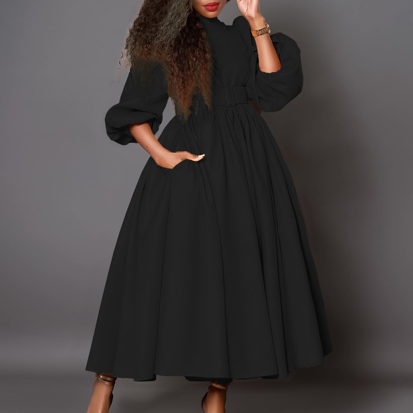 Women's Turtleneck Sleeve Waist Temperament Slimming Large Dresses