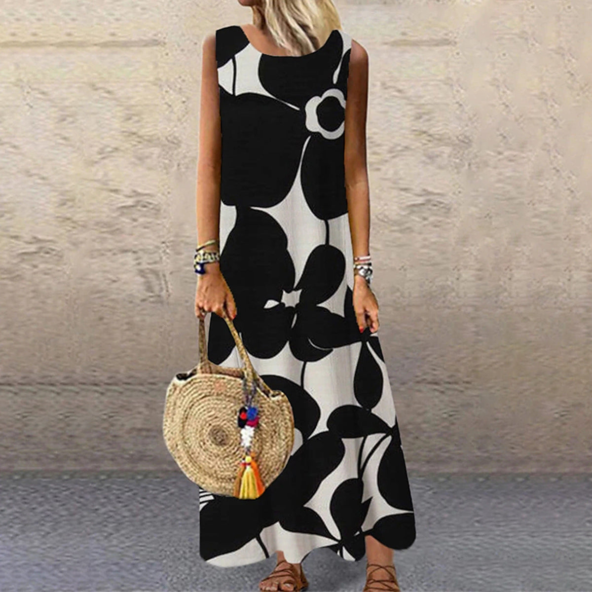 Women's Printed Round Neck Mid-length Sleeveless Dress Dresses