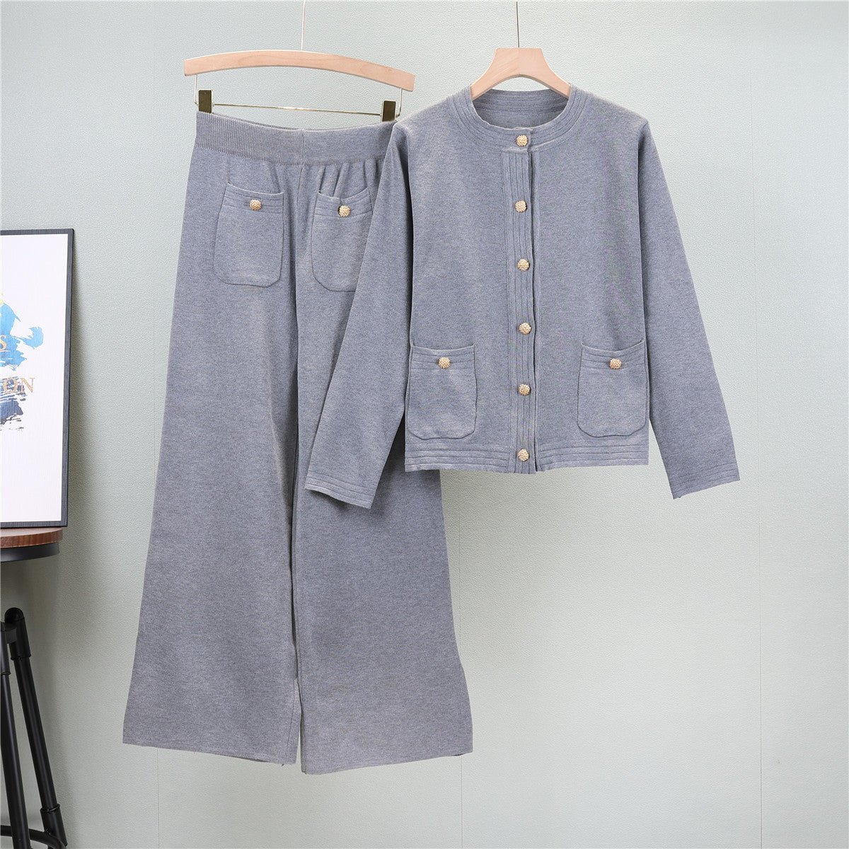 Women's Knitting Wide Leg Trousers Classic Style Two-piece Tops
