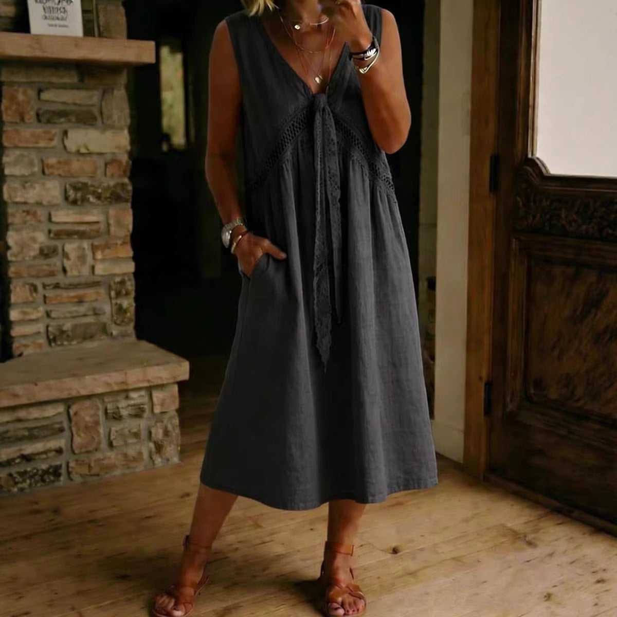Women's Linen Pure Color Cotton Sleeveless Dress