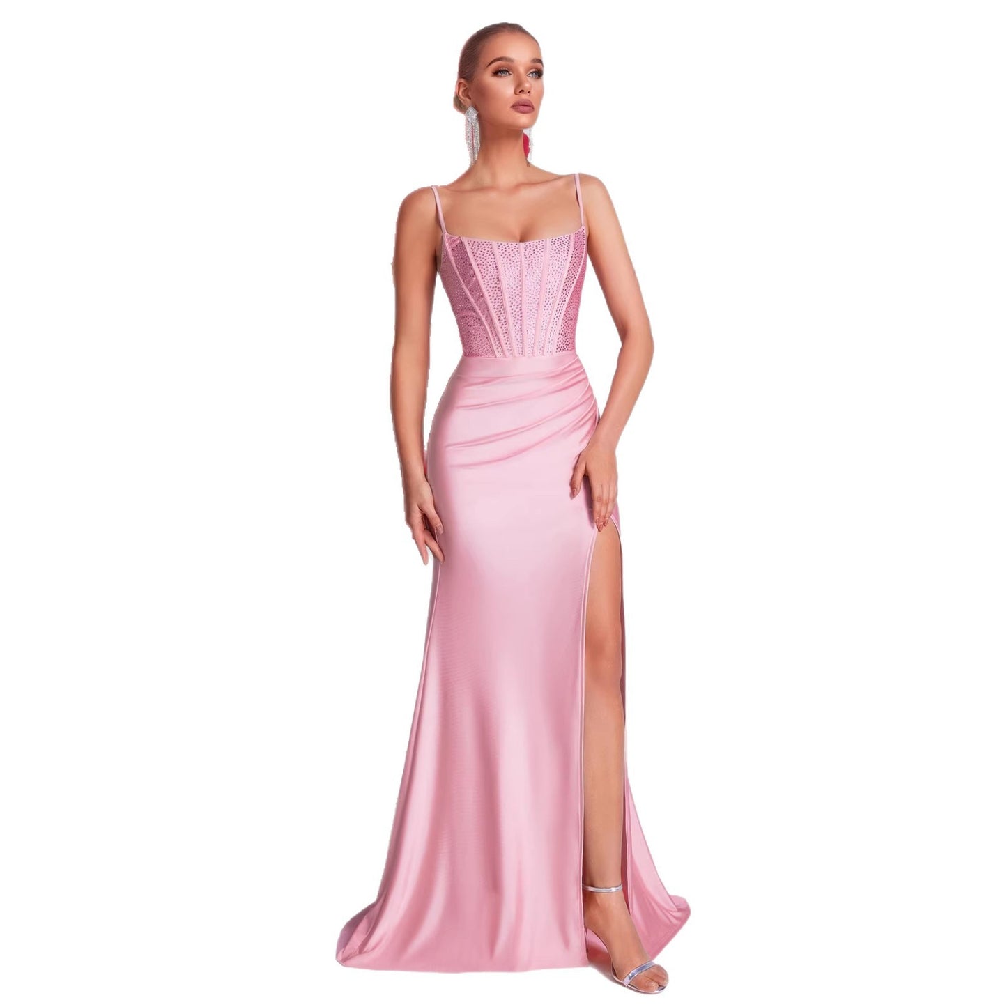 Pink Sling Fishbone Light Luxury Rhinestone Waist Slit Fishtail Dress