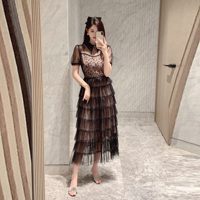 Women's Mesh Beads Dress Summer Design Sense Waist Dresses