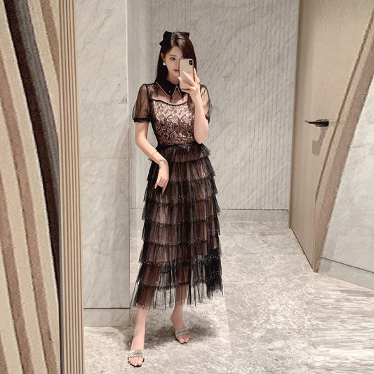 Women's Mesh Beads Dress Summer Design Sense Waist Dresses