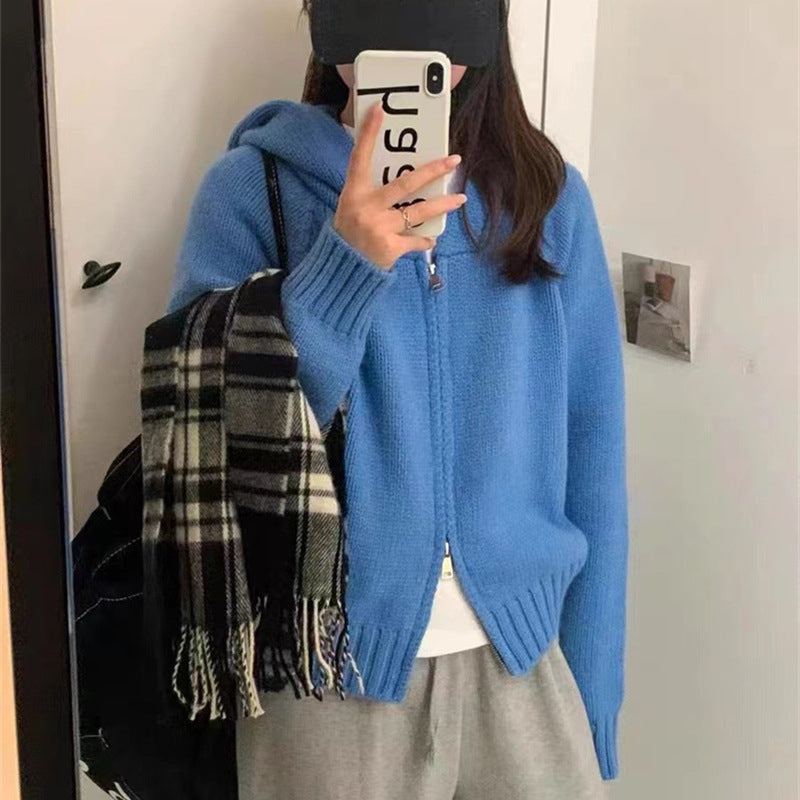 Women's Idle Hooded Knit Loose High-grade Double Zipper Women's Sweater