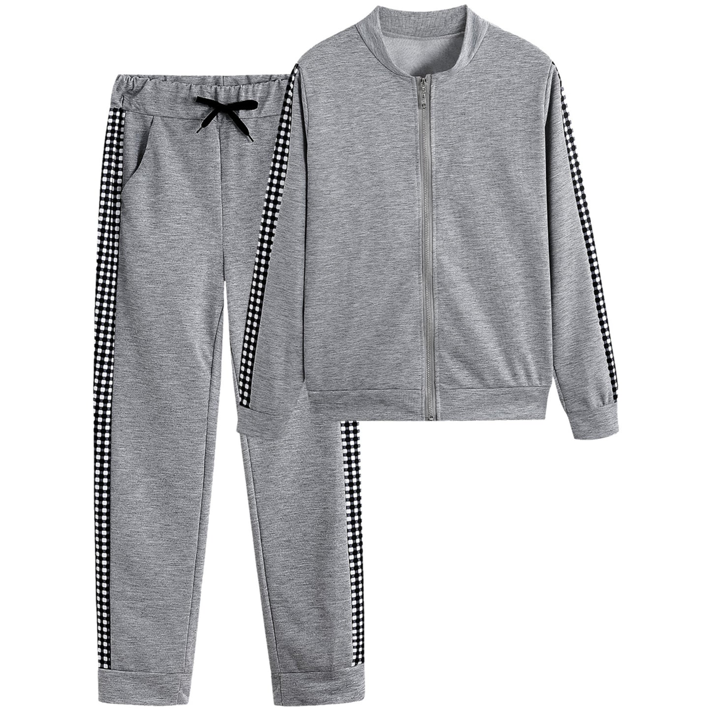 Women's Long Sports Zipper Stitching Plaid Clothing