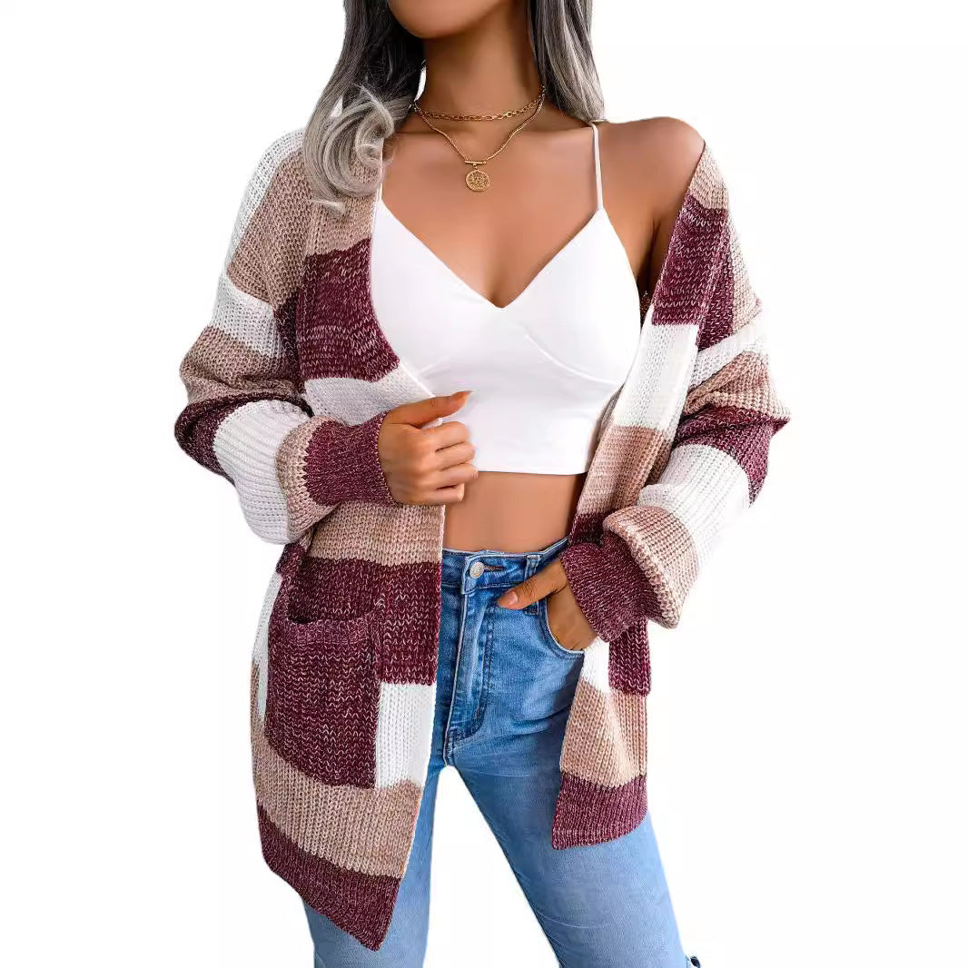 Women's Contrast Color Striped Lantern Sleeve Casual Cardigans