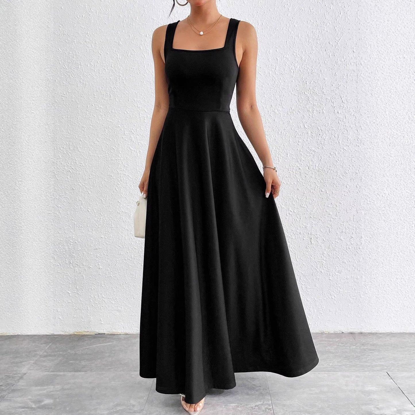 Women's Elegant Square Collar Sleeveless Solid Color Super Long Ladies Dress