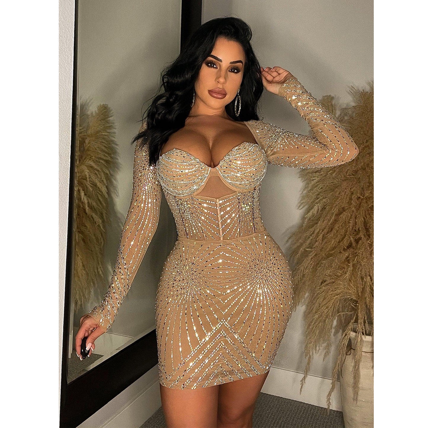 Women's Wear Pure Color Mesh Rhinestone Long Dresses