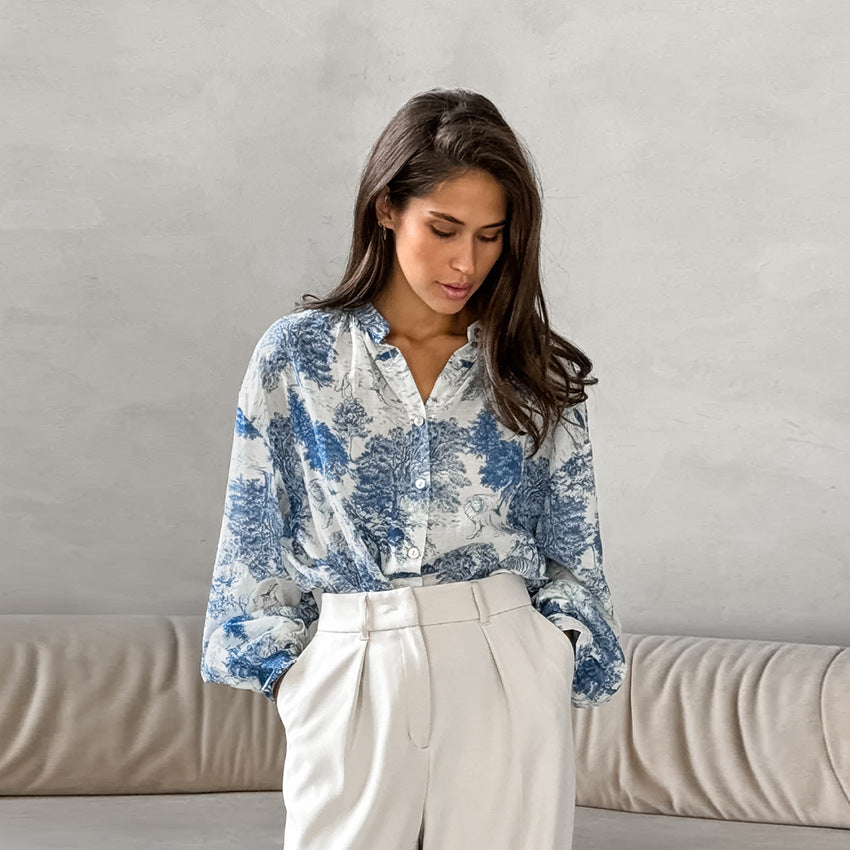 Women's Fashion Stand Collar Long Sleeve Loose Shirt Versatile Casual Blouses