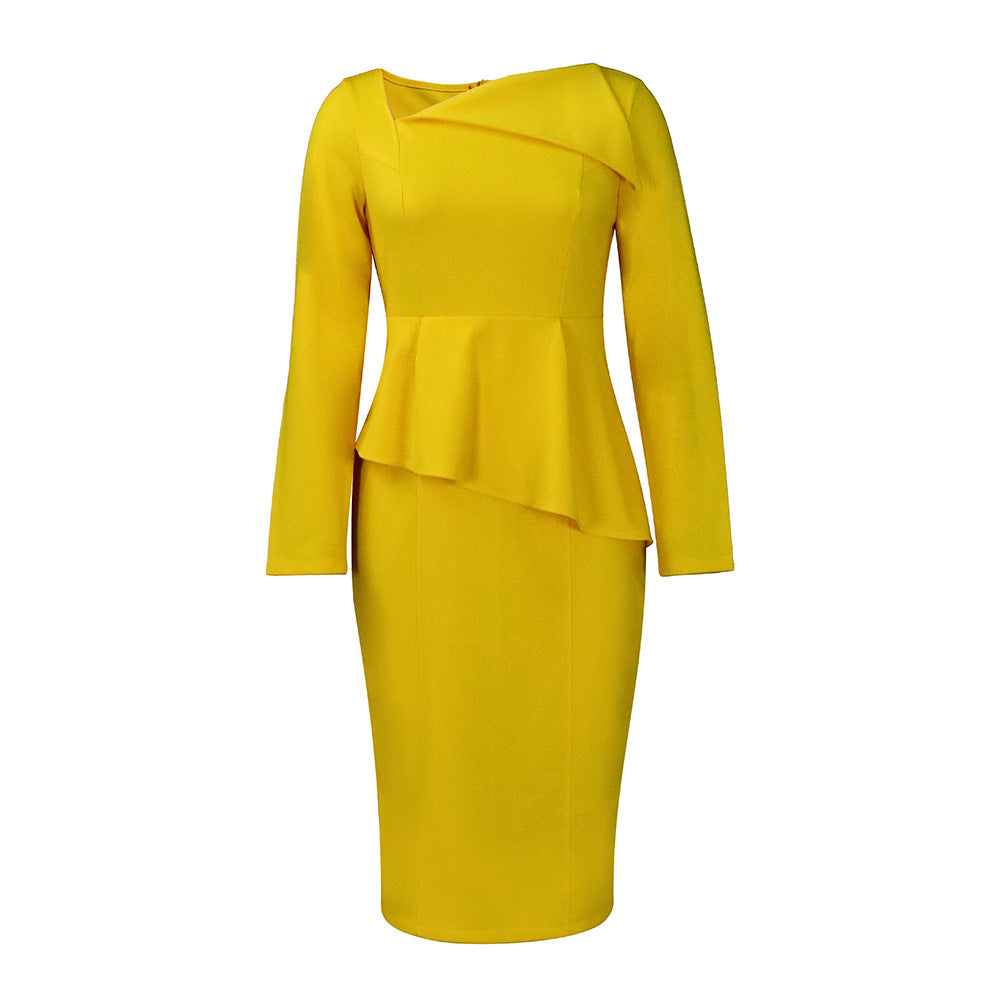 Women's Large Autumn Fashion Diagonal Collar Elegant Long Sleeve Dress