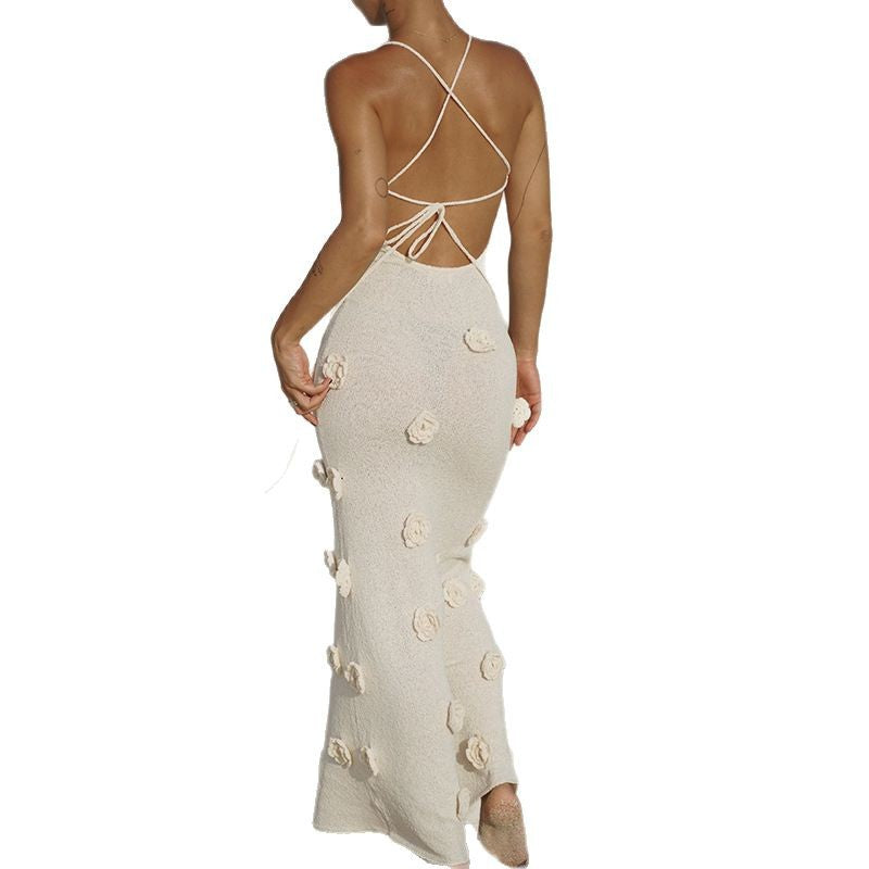 Women's Long Knitted Sling Dress Hand Crocheting Dresses