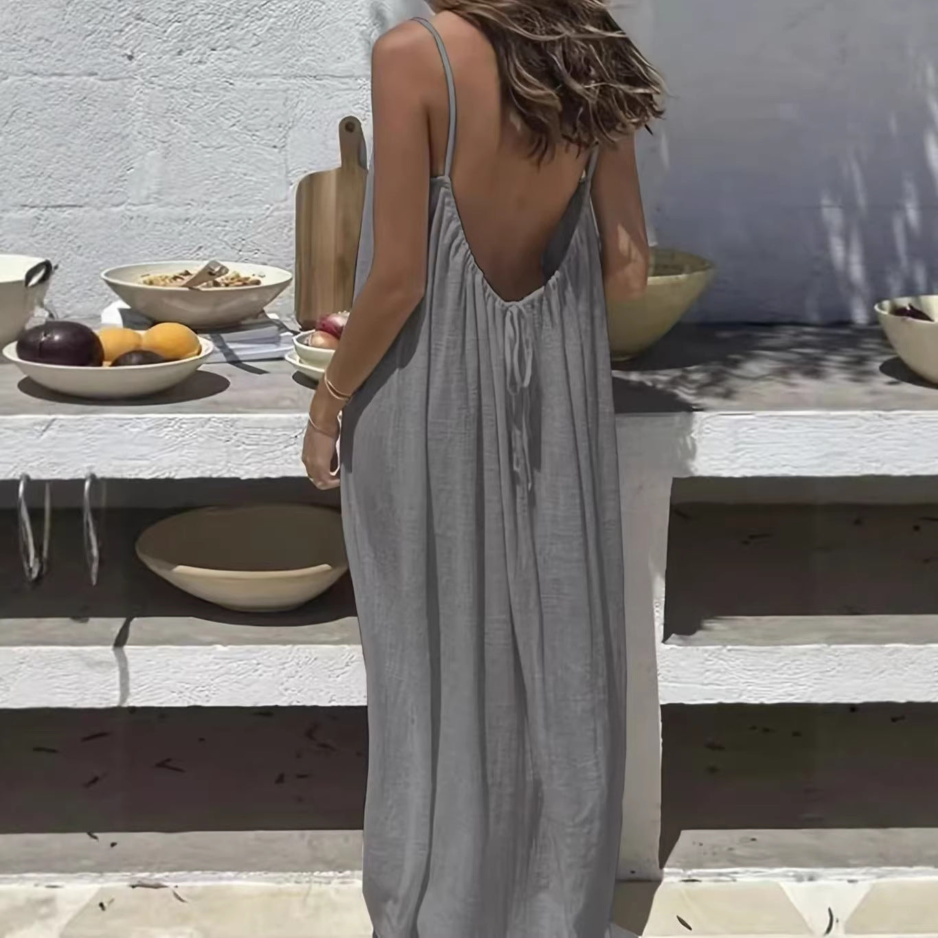 Women's Backless Loose Long Beach Vacation Spaghetti Dress