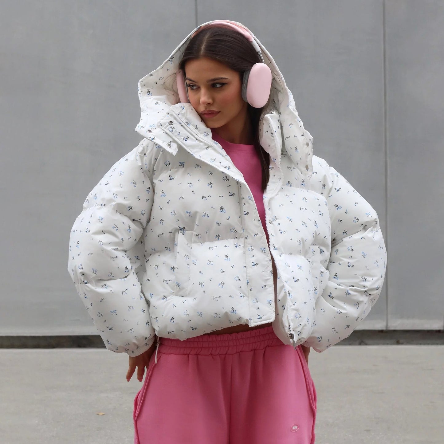 Women's Floral Bread Hoodie With Drawstrings Cotton Coats