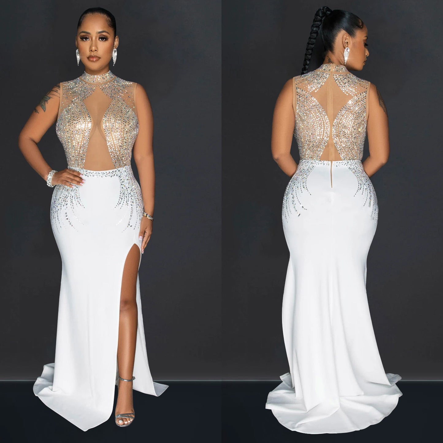 Women's Wear Pure Color Mesh Hot Drilling Split Dresses