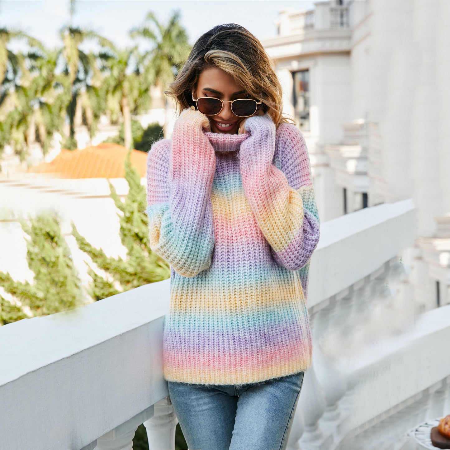 Women's Spring Clothes Rainbow Pullover High Collar Sweaters