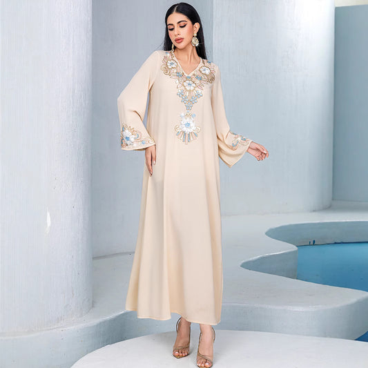 Apricot Loose Casual Three-dimensional Flower Embroidered Dresses