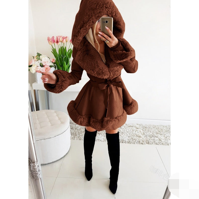 Women's Pure Color Belt Classic Style Fur Coats
