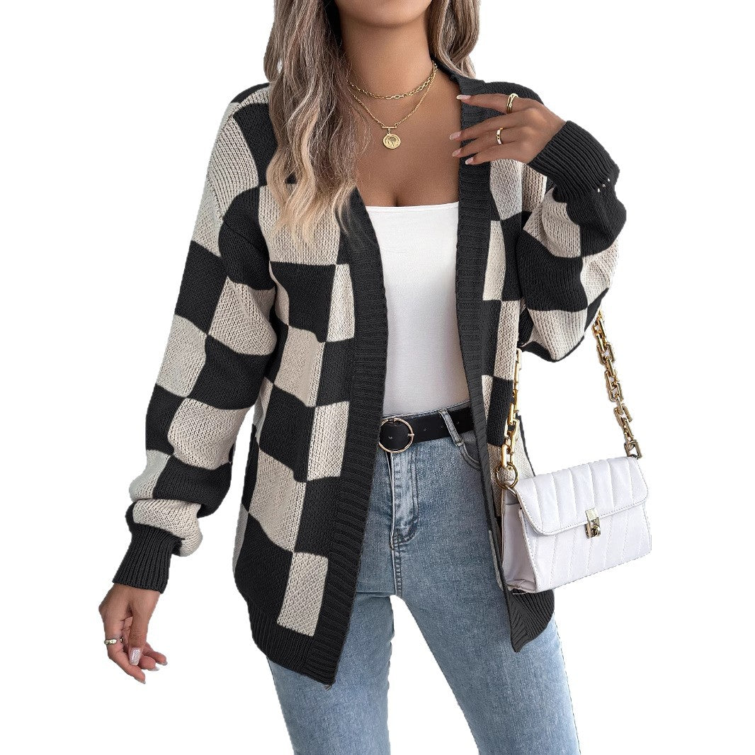 Versatile Women's Check Lantern Sleeve Mid-length Sweaters