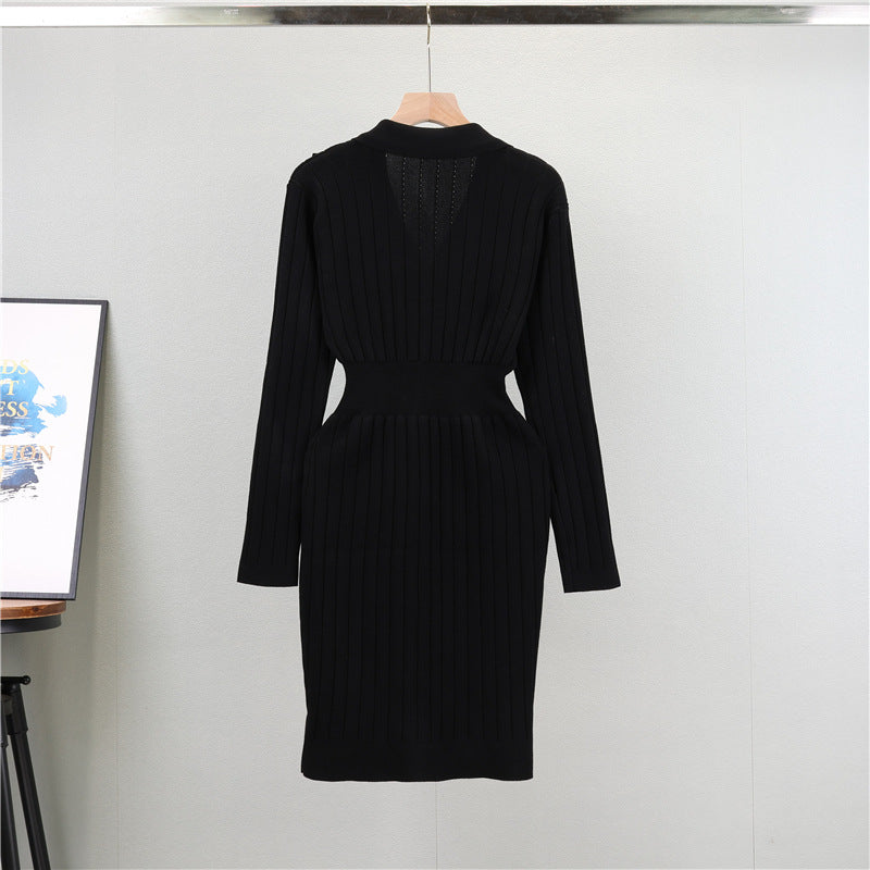 Women's Temperament Long-term Polo Collar Solid Color Dress