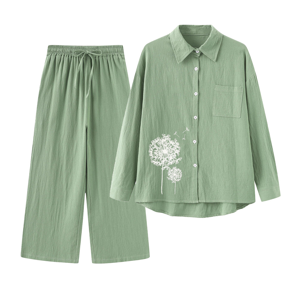 Women's Cotton Linen Shirt Wide Leg Printed Fashion Casual Suit