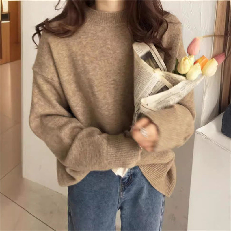 Women's Solid Color Casual Round Neck Pullover Outer Wear Korean Style Sweater