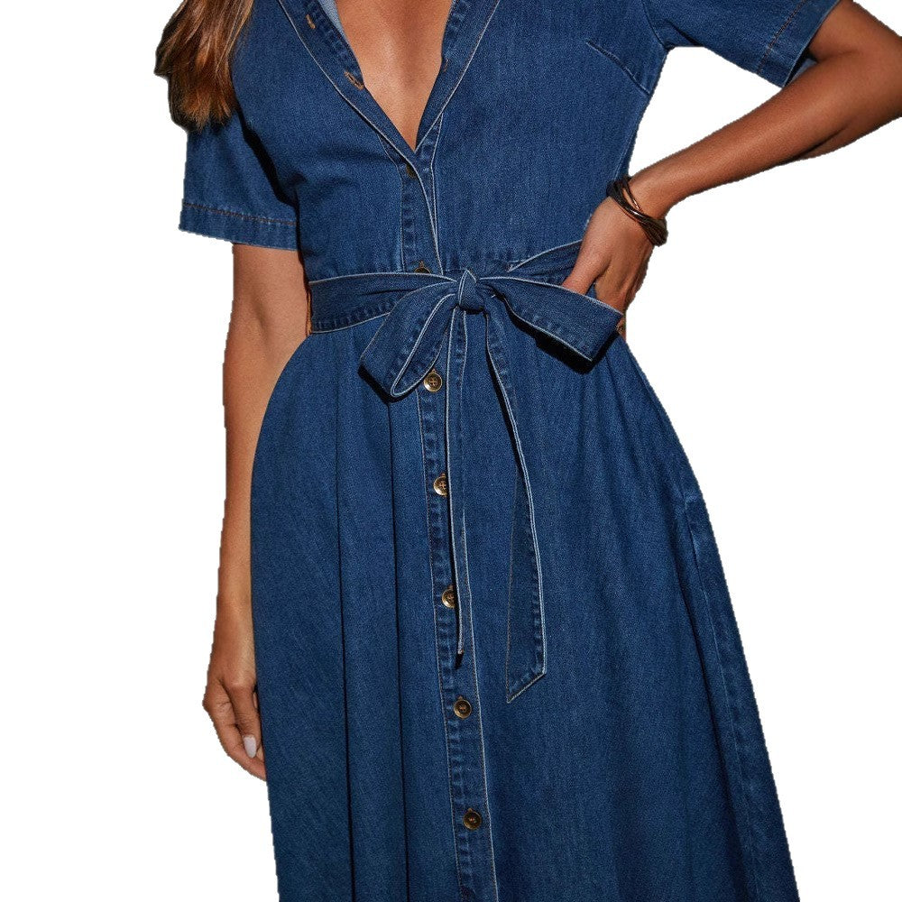 Women's Retro Denim Dress Long Fashionable French Dresses