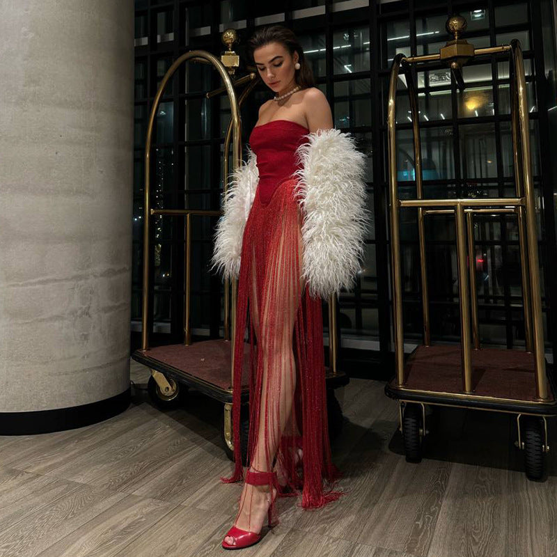 Sense Of Design Tassel Stitching Tube Dress Summer Niche Evening Dresses