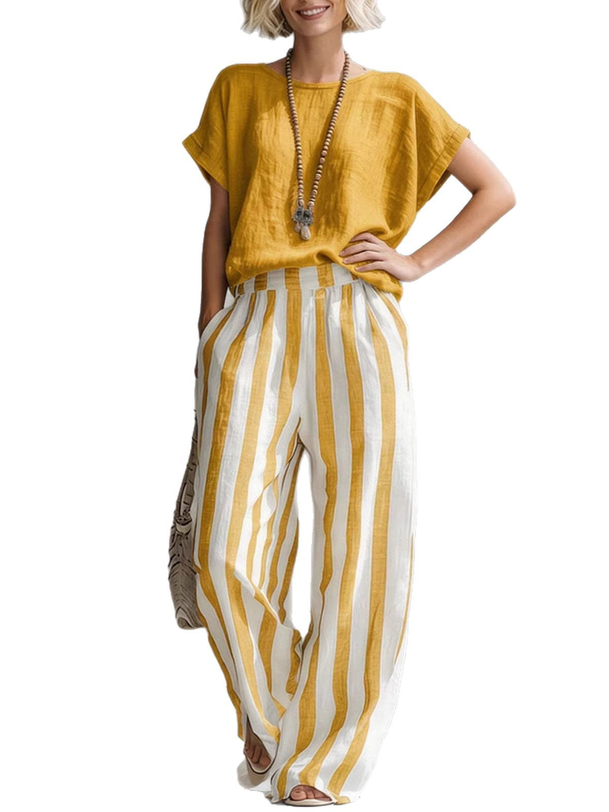 Women's Round Neck Straight Striped Trousers Fashion Casual Suit