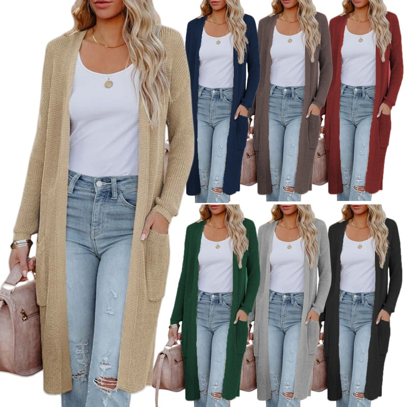 Women's Mid-length Knitted Pocket Solid Color Baggy Women's Sweater