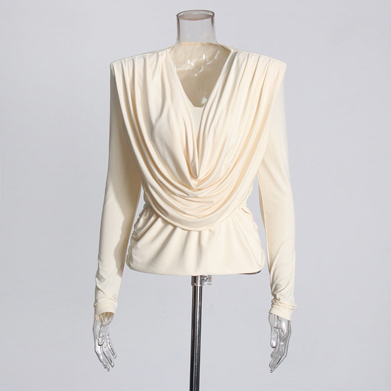 Women's Swing Collar Padded Shoulder Pleating Slim Slimming Blouses