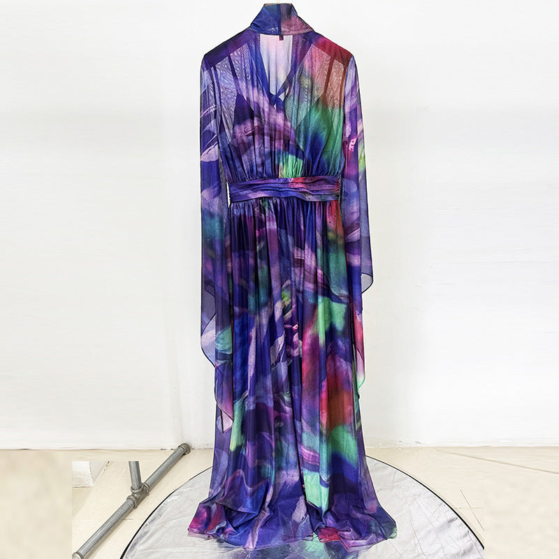 Floating Sleeve Colorful Printed Holiday Long Dress