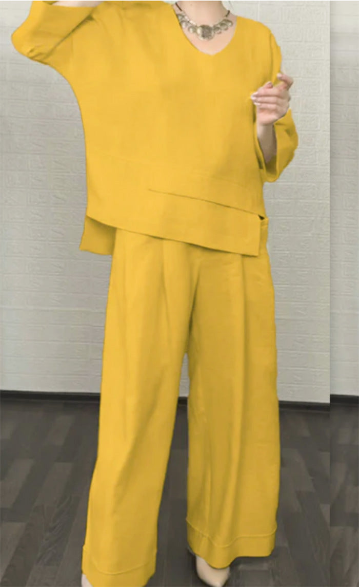 Women's Color Round Neck Long Sleeve Casual Pants
