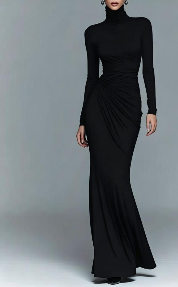 Women's Autumn Solid Color Turtleneck Long Sleeve Sexy Waist Dress