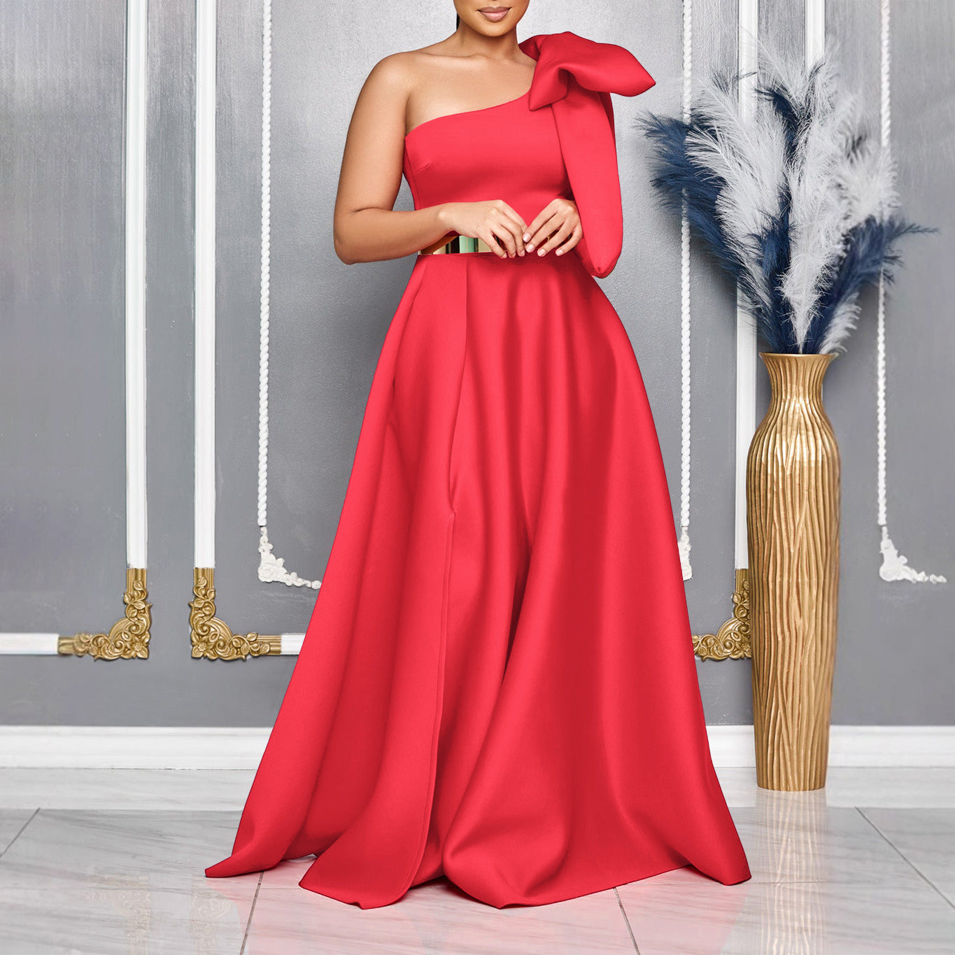 Oblique Shoulder Bow Banquet Formal Long Dress