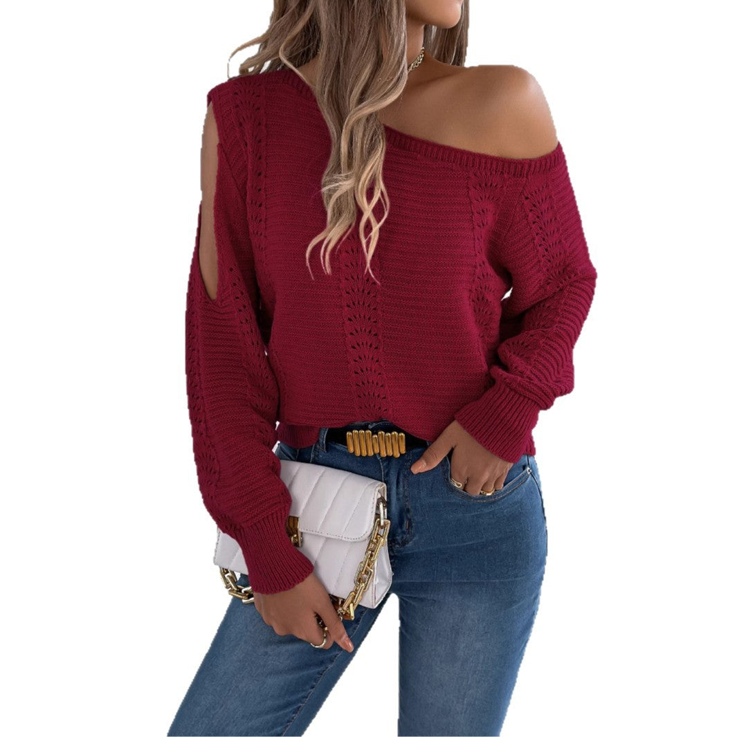 Women's Casual Solid Color Hollow Out Long Sleeve Sweater