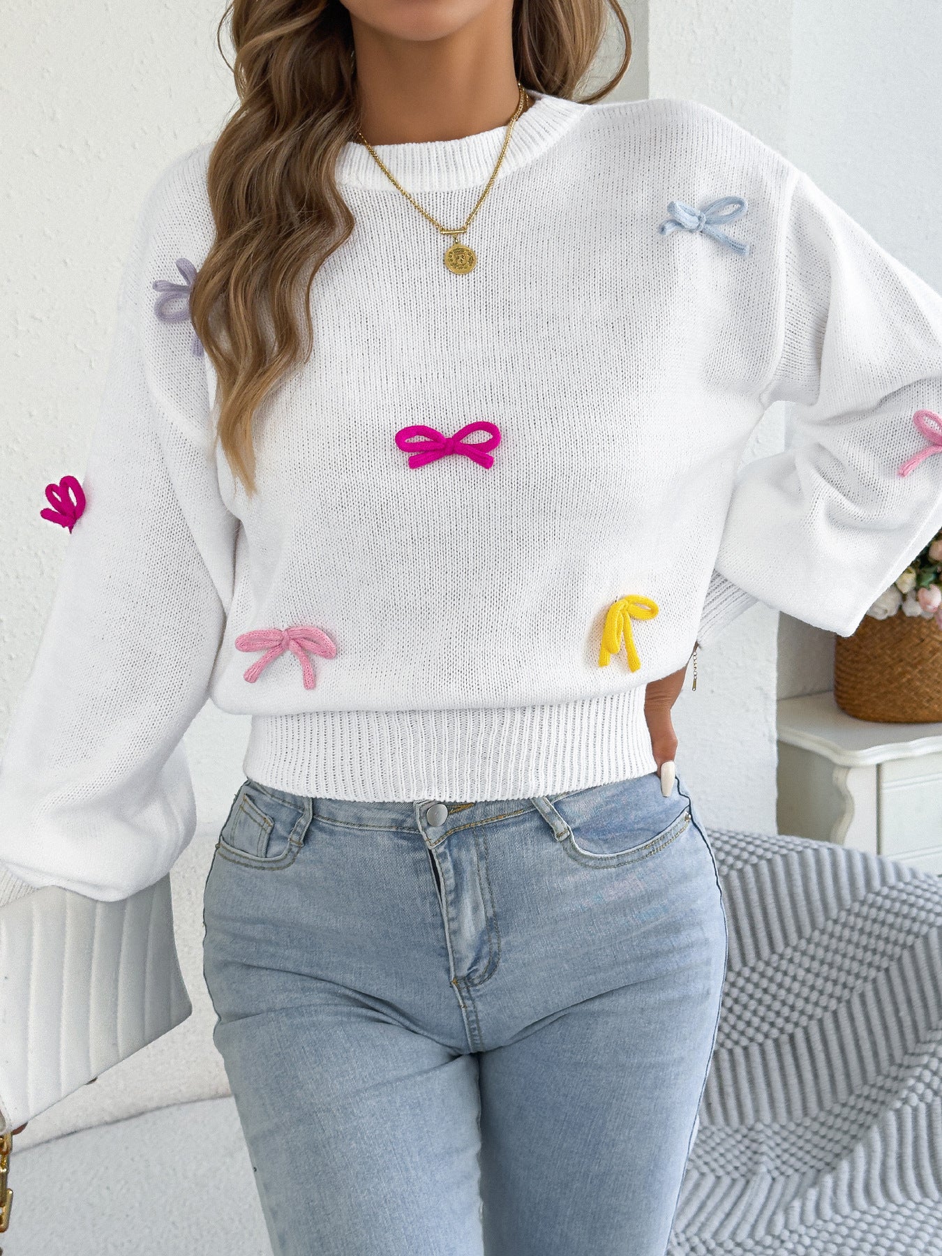 Women's Fashionable Color Bow Lantern Sleeve Fitted Sweater