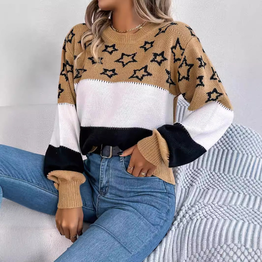 Women's Clearance Casual Contrast Color Star Hollow Sweater
