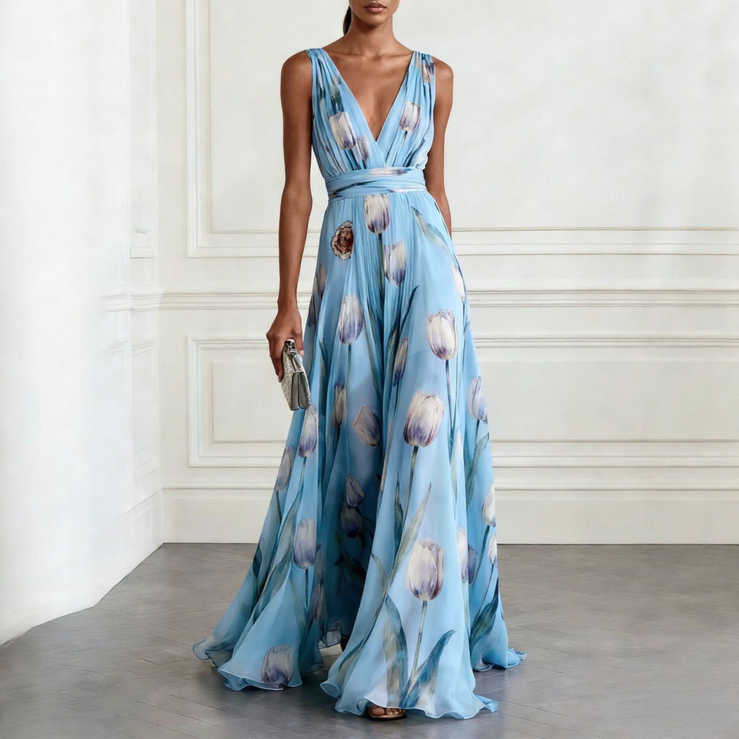 Women's Tulip Print Sleeveless Temperament Long Female Dress