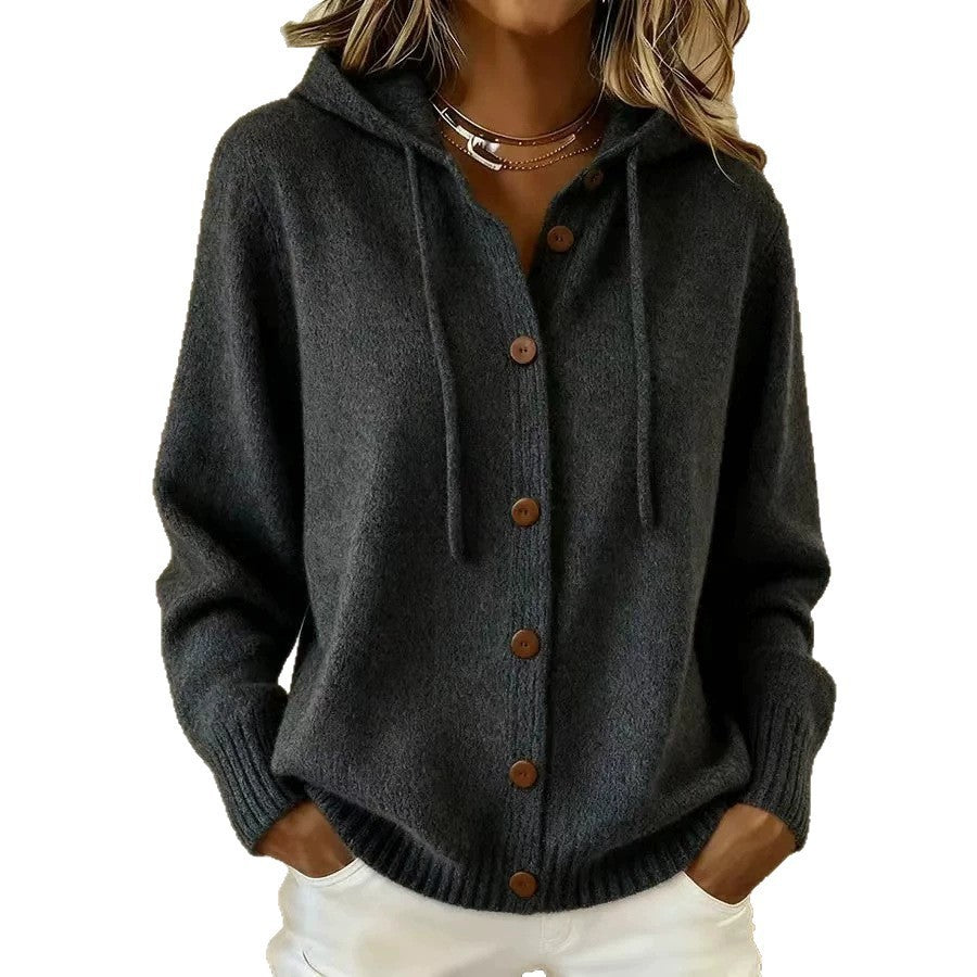 Women's Button Knitted Hooded Solid Color Casual Fashion Cardigans