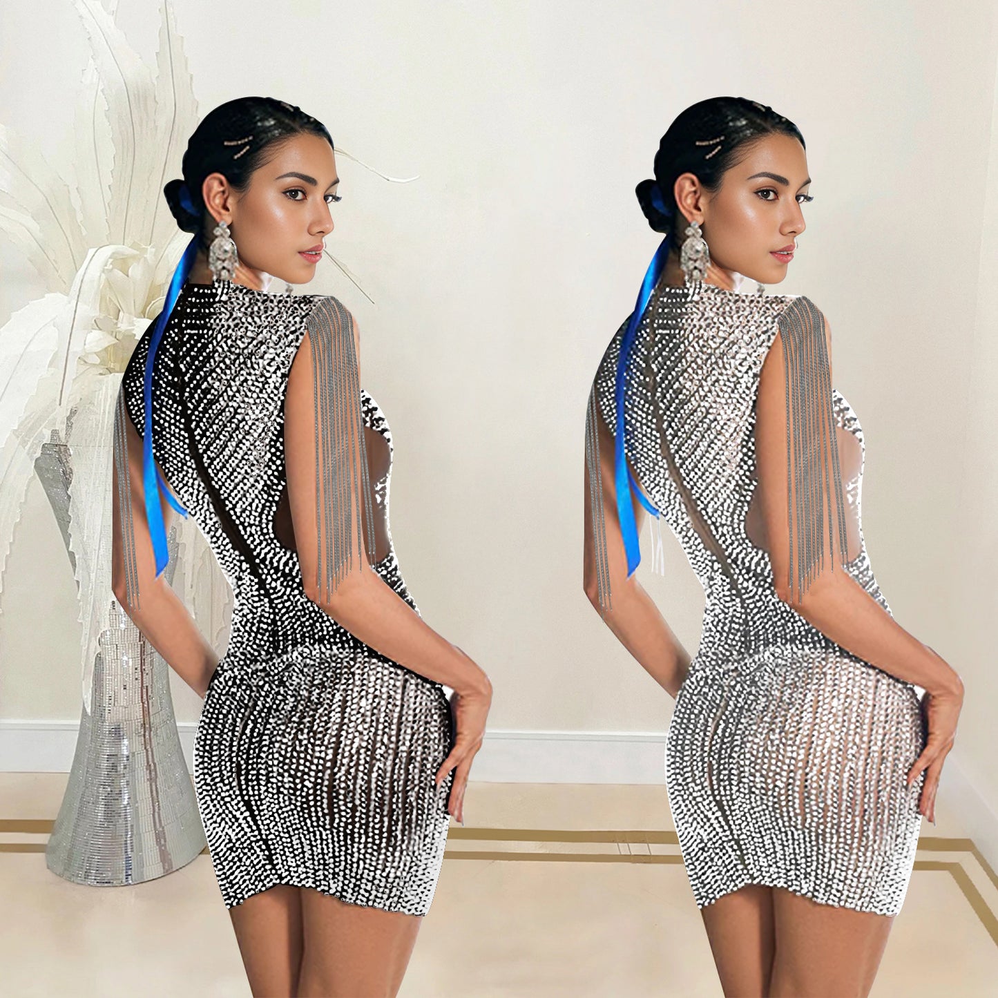 Women's Fashion Wear Tassel Rhinestone Sleeveless Dress Dresses