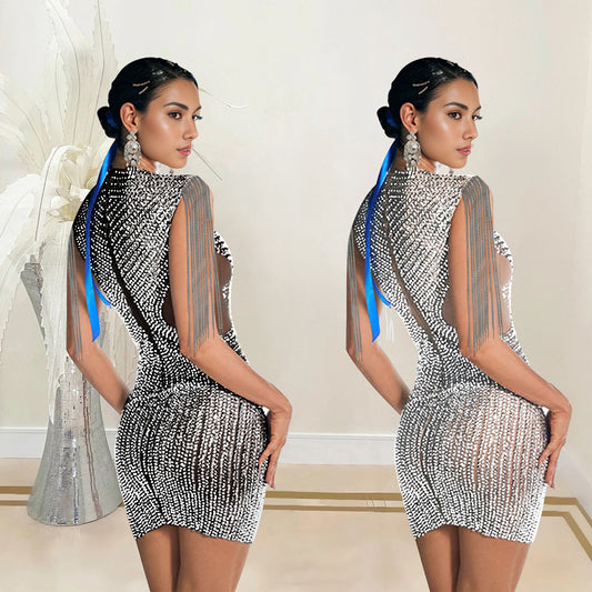 Women's Fashion Wear Tassel Rhinestone Sleeveless Dress Dresses