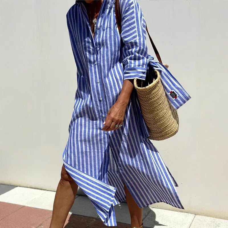 Women's Half Sleeve Striped Lapel Shirt Mid-length Dress